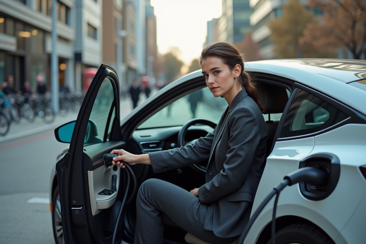 Jeune femme dans sa voiture hybride à une station de recharge urbaine