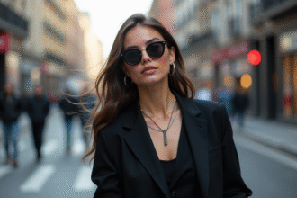 Jeune femme confiante en mode urbain noir en ville