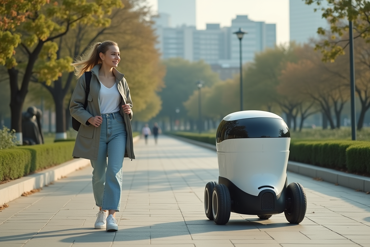 Jeune femme observant un robot de livraison autonome dans un parc