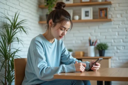Jeune femme assise avec smartphone dans un appartement moderne