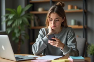 Jeune femme pensant avec smartphone dans un bureau moderne