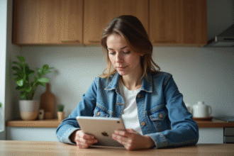 Jeune femme avec tablette dans une cuisine moderne