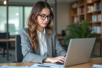 Jeune femme en bureau traduisant un document