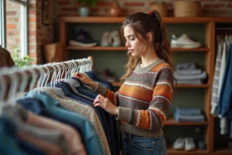 Jeune femme dans une friperie vintage en train de choisir des vêtements