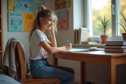 Jeune fille en jeans et t-shirt graphique dessinant dans sa chambre