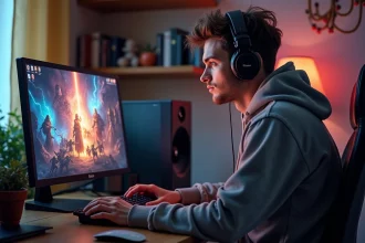 Jeune homme jouant à un MMORPG sur ordinateur dans sa chambre