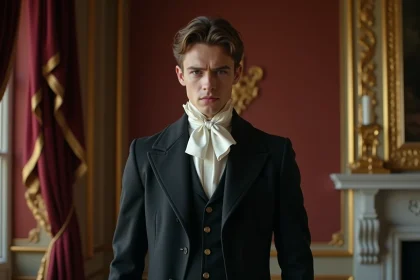 Jeune homme ambitieux en habit du XIXe siècle dans un salon aristocratique français, symbolisant la tension sociale sous la Restauration dans Le Rouge et le Noir de Stendhal