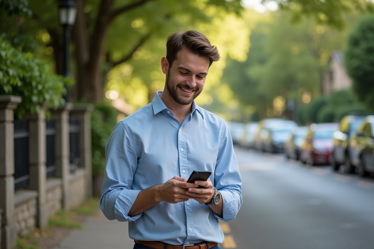 Jeune homme marche dans la rue vérifiant une appli de budget