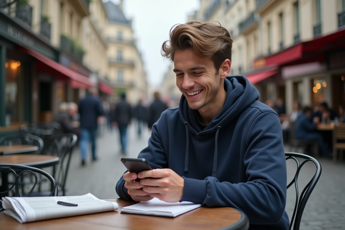Jeune homme souriant utilisant une application de mots croisés