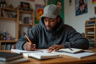 Jeune homme noir écrit dans sa chambre créative