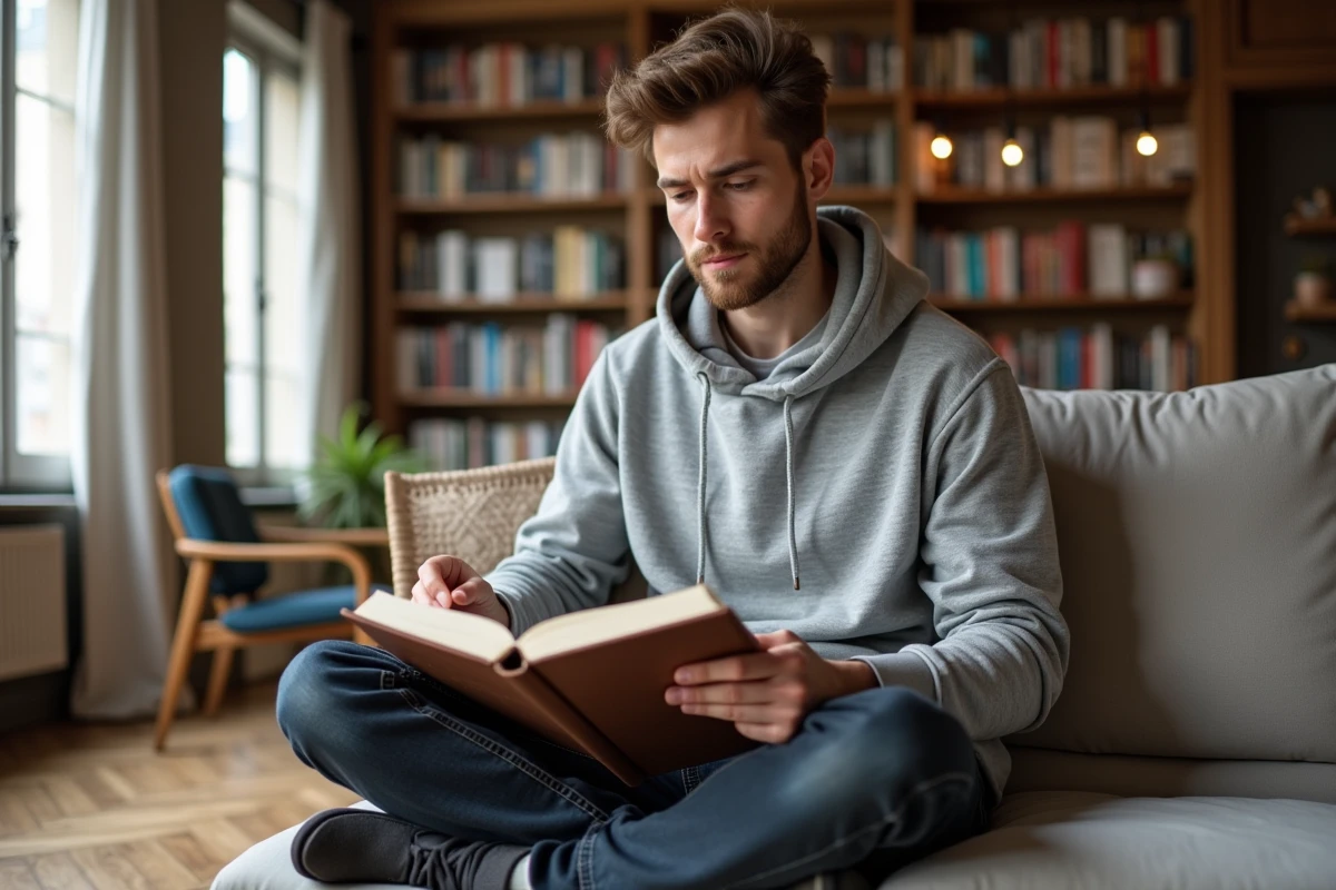 Jeune homme lisant un guide de grammaire française sur un canapé, cherchant la différence entre 'je serai' au futur et 'je serais' au conditionnel