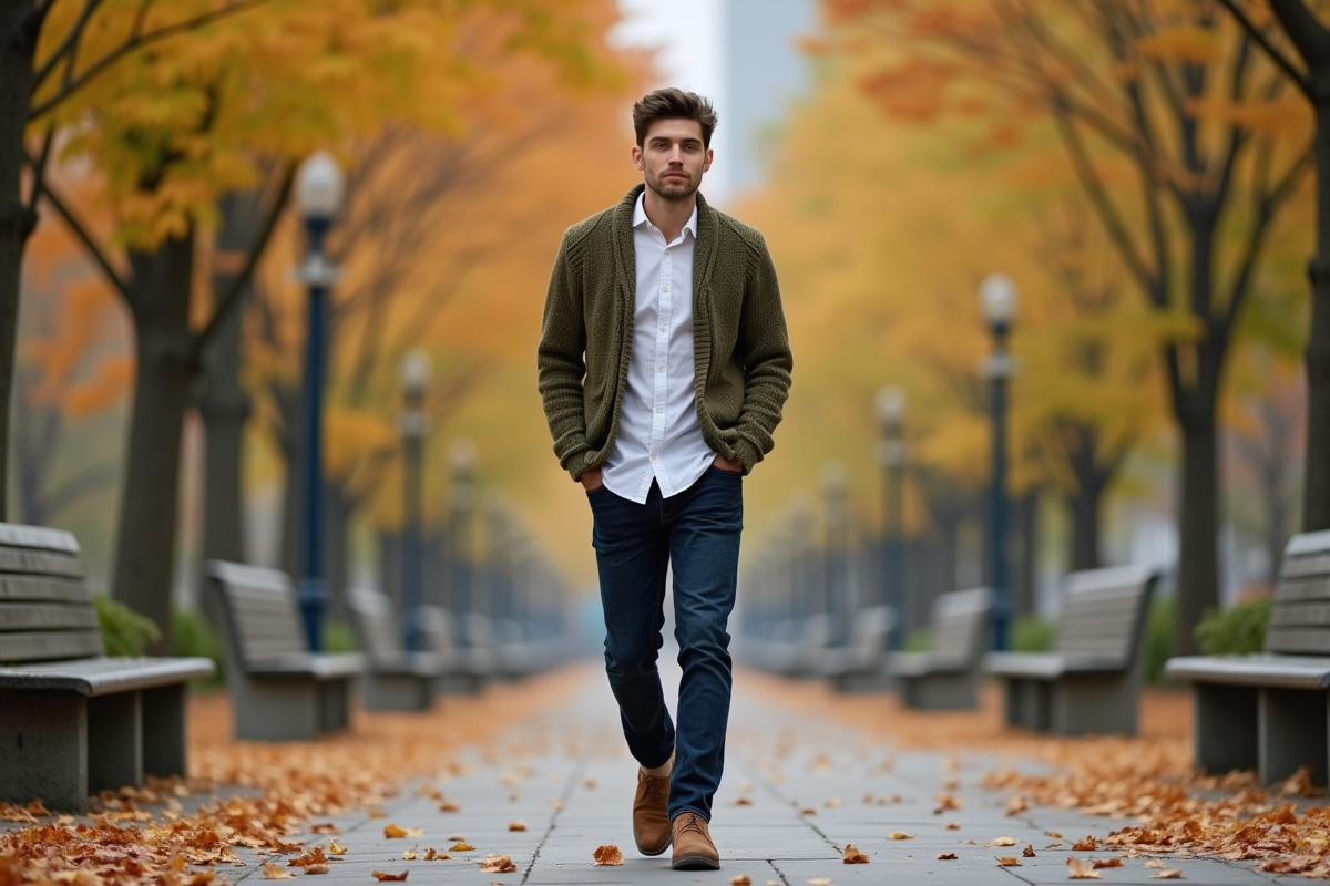 Jeune homme marche dans un parc automnal avec feuilles
