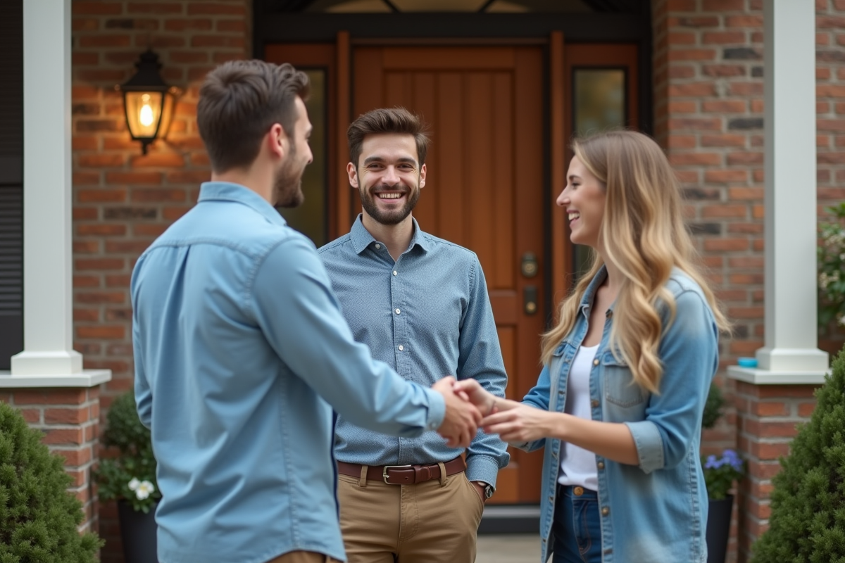 Jeune homme donnant les clés à un couple devant leur maison