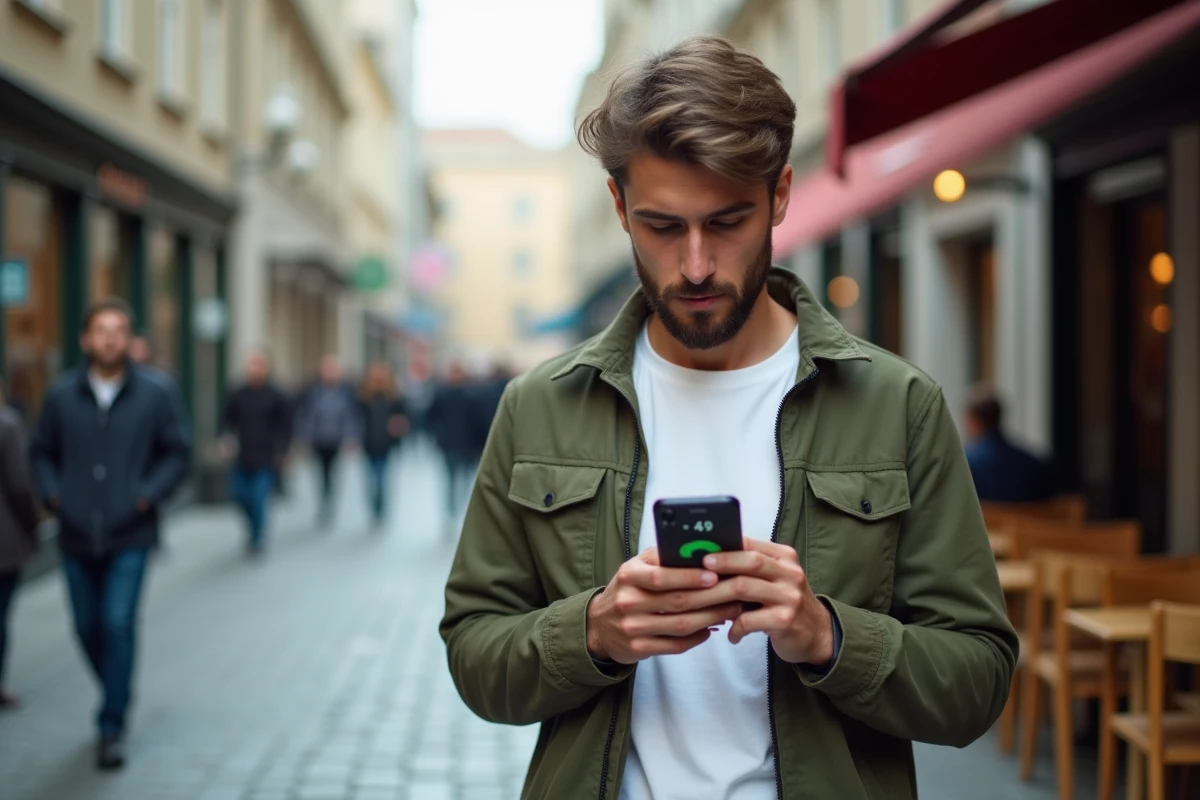 Jeune homme en ville consultant un numéro de téléphone allemand commençant par l'indicatif international 49 sur son smartphone