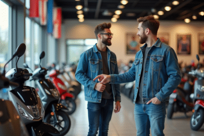 Jeune homme souriant devant des scooters en concession