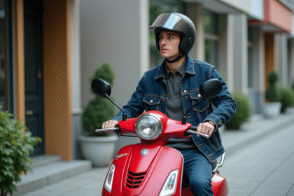 Jeune homme en denim et casque sur scooter rouge en ville