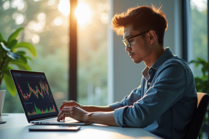 Jeune professionnel travaillant sur un ordinateur avec des graphiques financiers