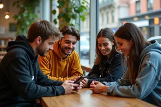 Quatre jeunes autour d'une table de café découvrant une application sociale