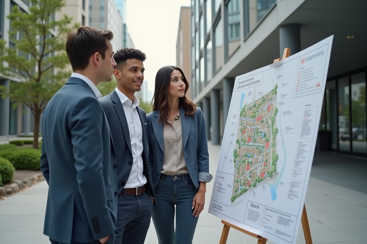 Groupe de jeunes professionnels discutant en extérieur
