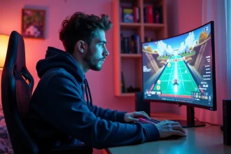 Jeune homme concentré jouant à un jeu de la bombe en ligne sur un grand écran incurvé dans un bureau gaming moderne
