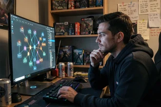 Joueur solo analysant un arbre de compétences complexe dans Path of Exile 2 sur son écran de gaming