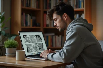 Jeune homme lisant des chapitres de manga en ligne sur son ordinateur portable dans une chambre cosy