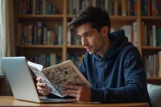 Jeune homme lisant un manga One Piece assis à un bureau avec un laptop affichant un site de scan VF