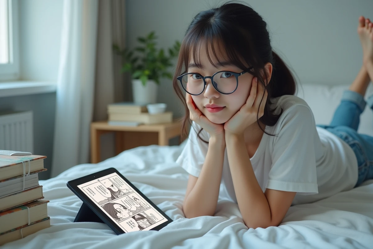 Jeune femme lisant des chapitres de scan manga sur une tablette allongée sur son lit