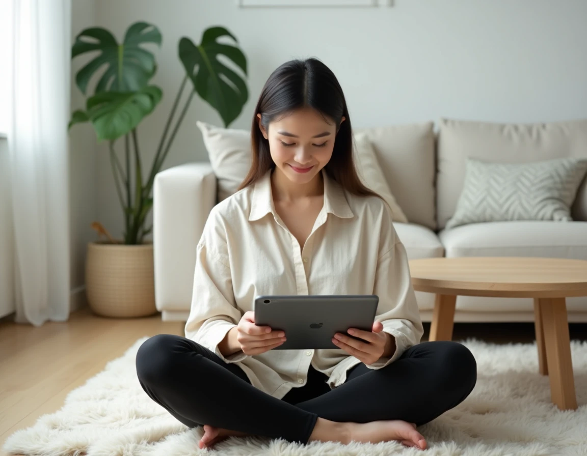 Femme lisant des scans de manga traduits en français sur une tablette dans un salon minimaliste moderne