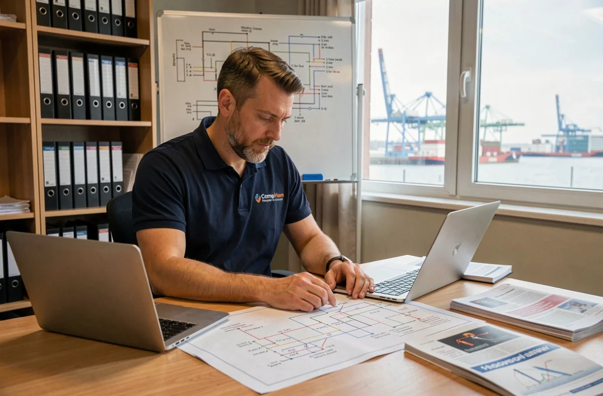 Marc Lenouvel, électricien, étudiant des schémas électriques dans un bureau professionnel avec vue sur le port du Havre