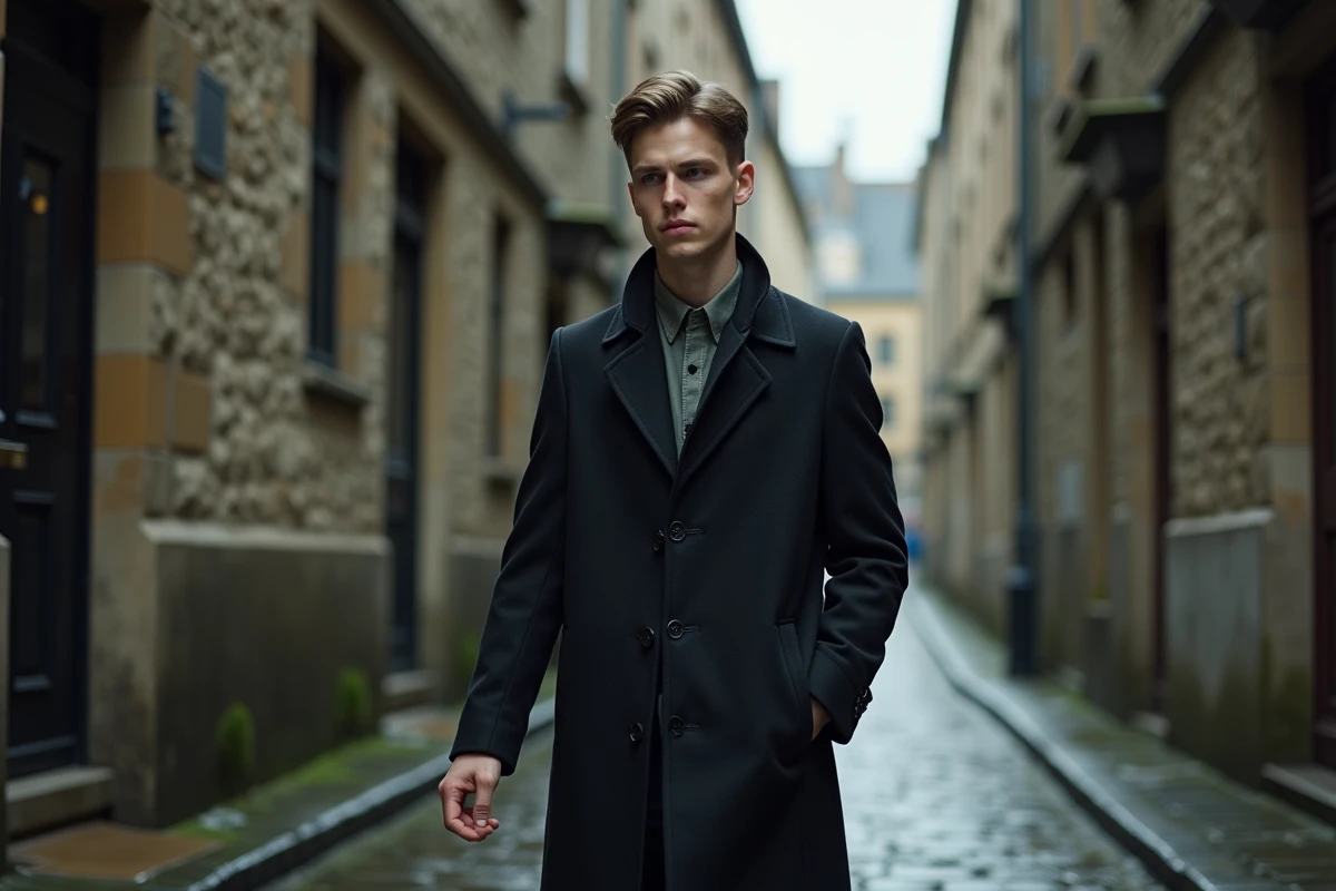 Homme en manteau sombre dans une ruelle pavée mouillée, évoquant la détermination et les pouvoirs Nen de Leorio dans Hunter x Hunter