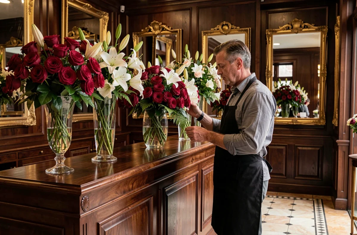 Fleuriste masculin des Fleurs du Lion arrangeant de grandes compositions de roses rouges et lys blancs dans une boutique au décor classique et distingué
