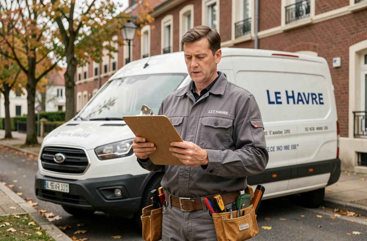 Électricien de Lesauvage et Malandain debout devant un véhicule professionnel tenant des plans électriques