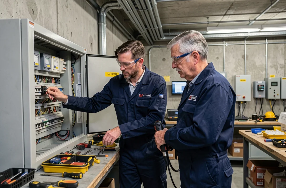 Deux électriciens de Lesauvage et Malandain Electricité collaborant sur un tableau de distribution dans un bâtiment commercial