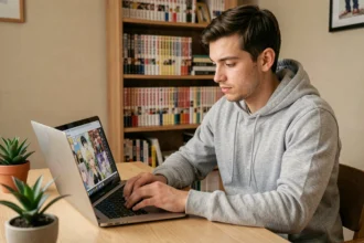 Jeune homme lisant des scans de manga légalement sur son ordinateur portable dans un bureau à domicile