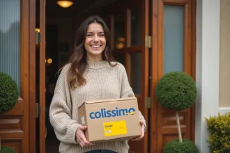 Femme recevant un colis Colissimo à domicile un samedi matin devant sa porte