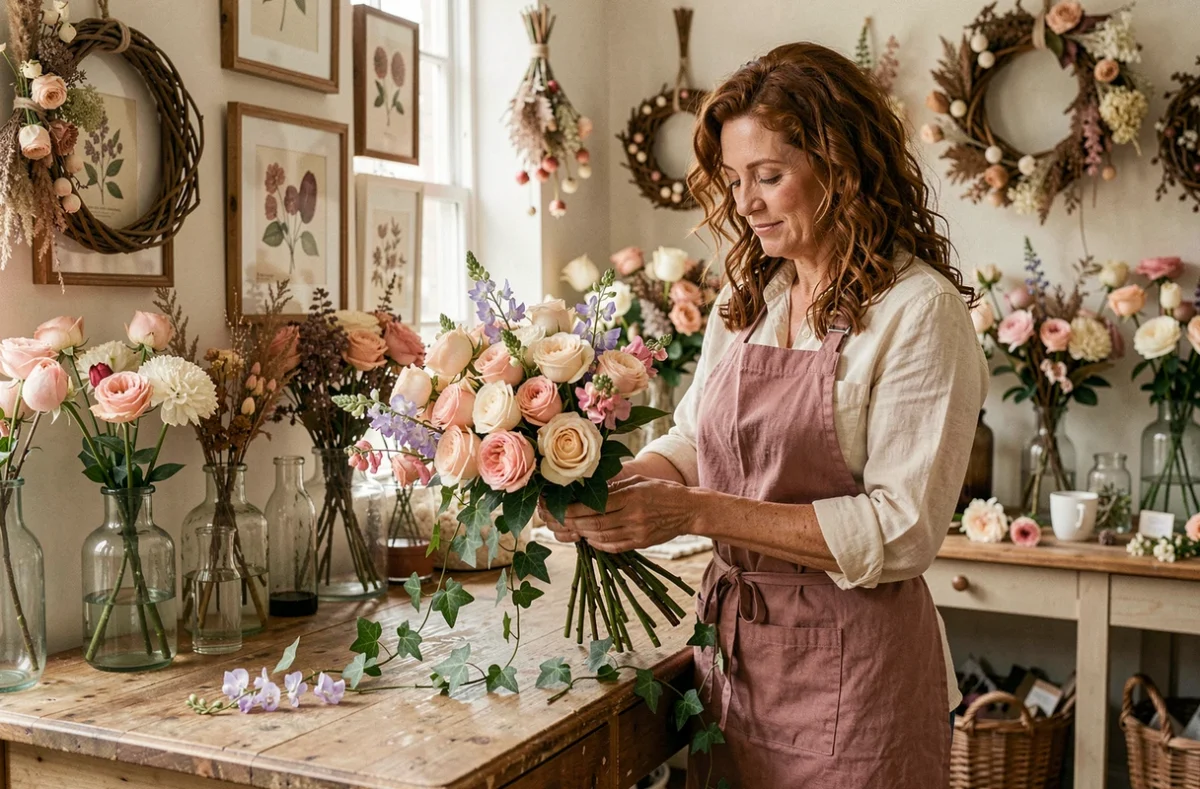 Fleuriste de Lydie-Fleurs attachant un bouquet romantique de roses et pois de senteur dans une boutique au décor artisanal vintage