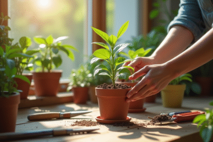 Main plantant un jasmin dans un pot en terre cuite
