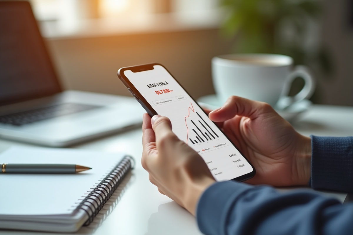 Mains tenant un smartphone affichant des statistiques de revenus en ligne