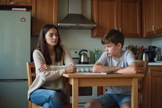 Mère inquiète avec son enfant à la cuisine