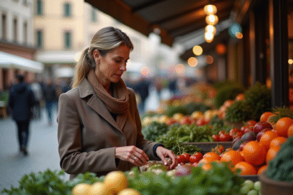 Femme élégante examine des produits bio au marché européen