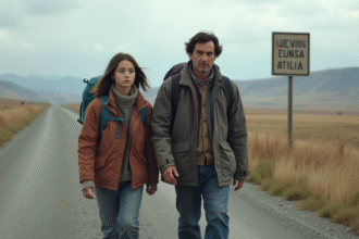 Homme et jeune fille marchant côte à côte en campagne