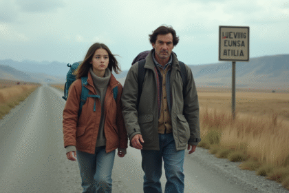 Homme et jeune fille marchant côte à côte en campagne