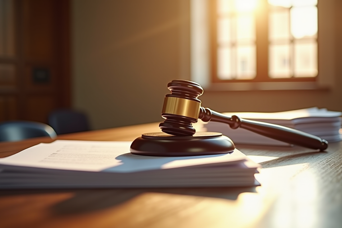 Un marteau de juge avec des papiers sur une table de tribunal