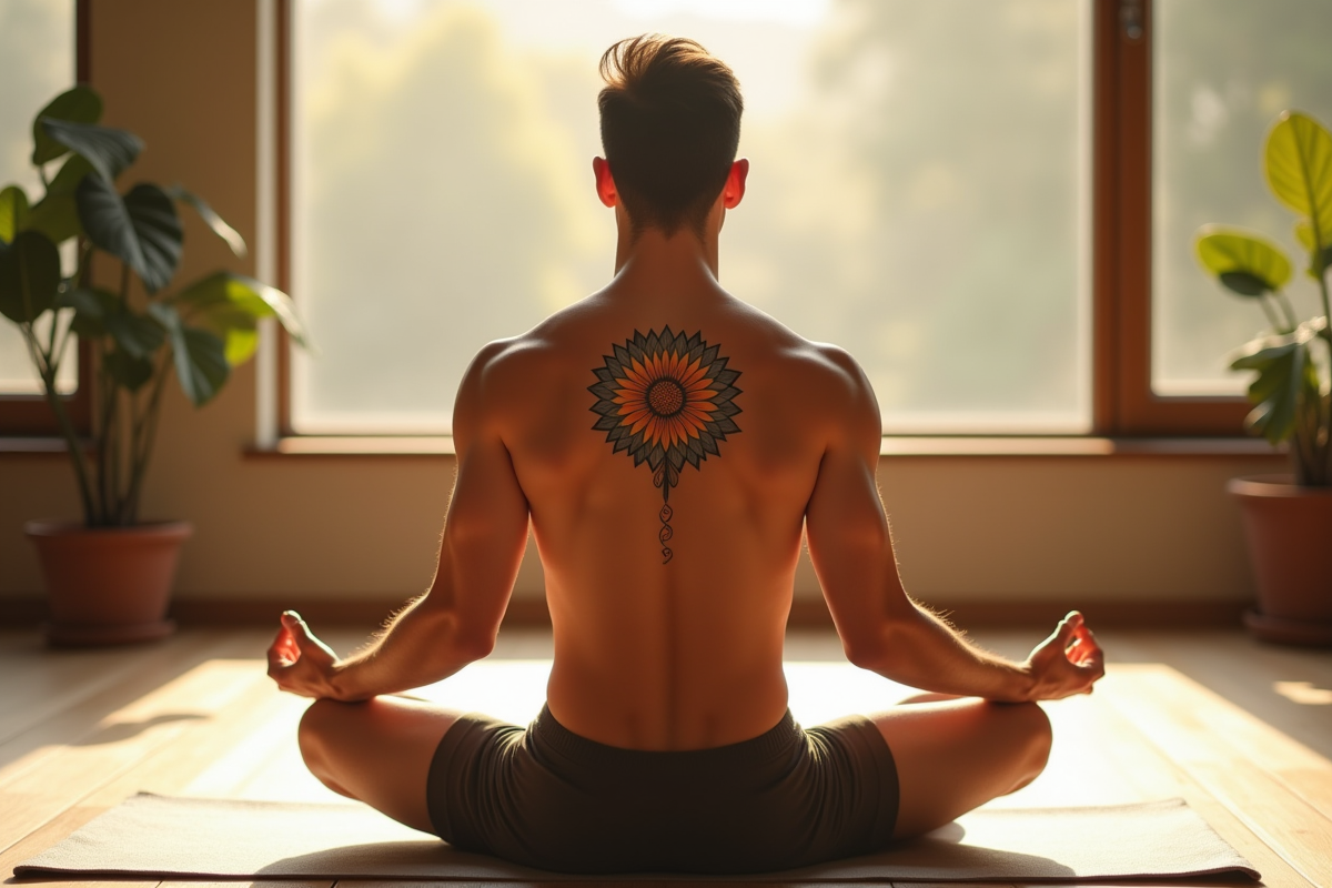 Homme méditant avec tatouage lotus dans un studio lumineux