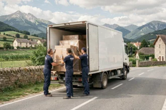 Équipe de déménagement professionnelle chargeant un camion sur une route pittoresque en Ariège avec les Pyrénées en arrière-plan