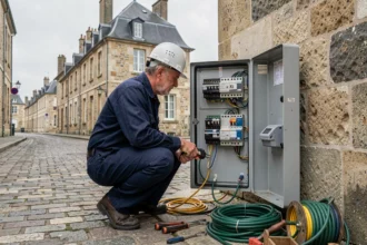 Électricien professionnel travaillant sur un tableau électrique dans une rue du Havre avec des bâtiments normands en arrière-plan