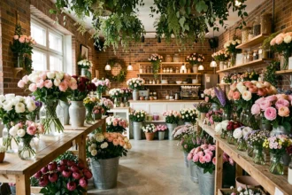 Intérieur d'une boutique de fleuriste en Meurthe-et-Moselle avec des bouquets colorés de roses, pivoines et fleurs sauvages disposés sur des tables en bois