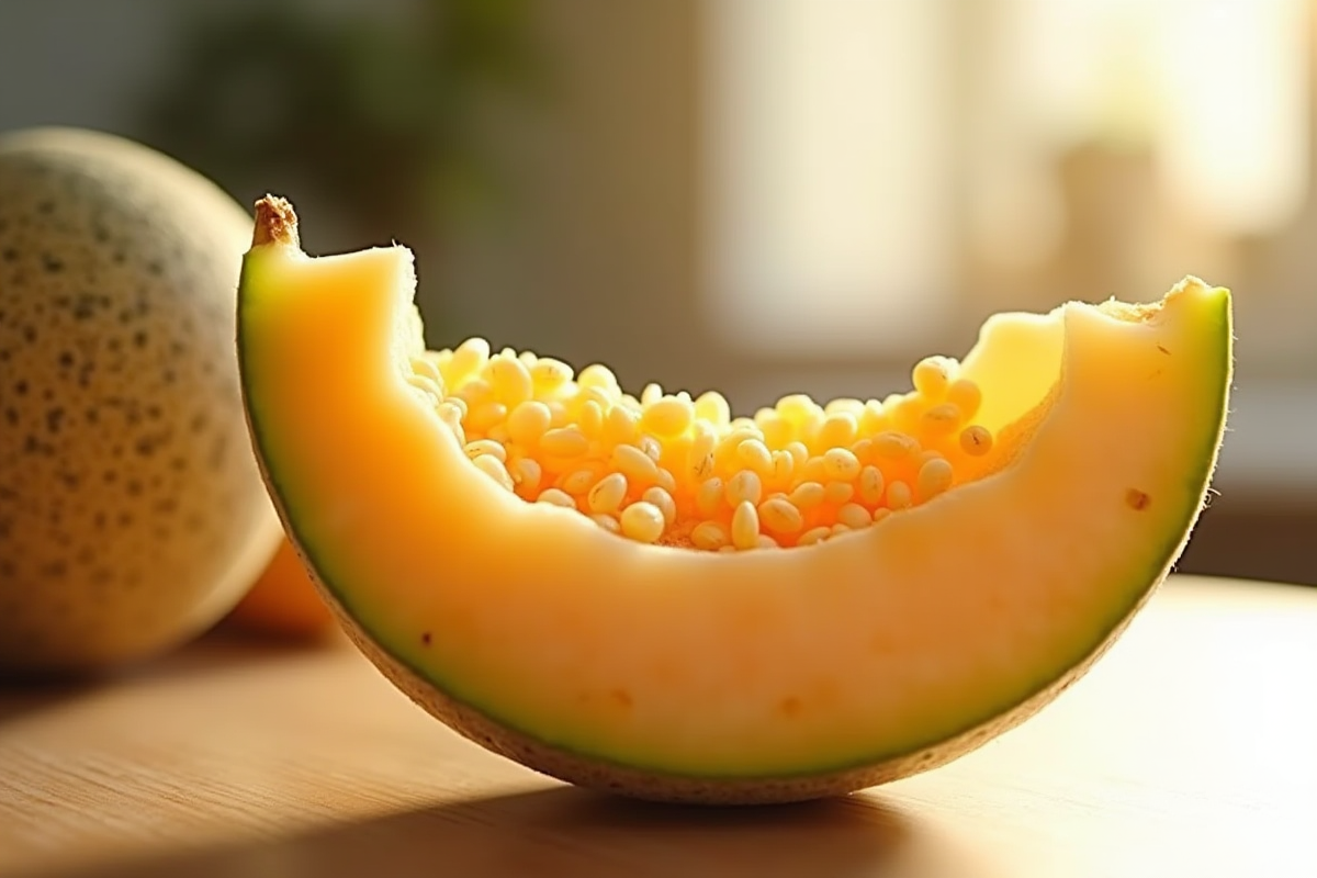 Melon coupé avec graines brillantes sur un plan de travail lumineux