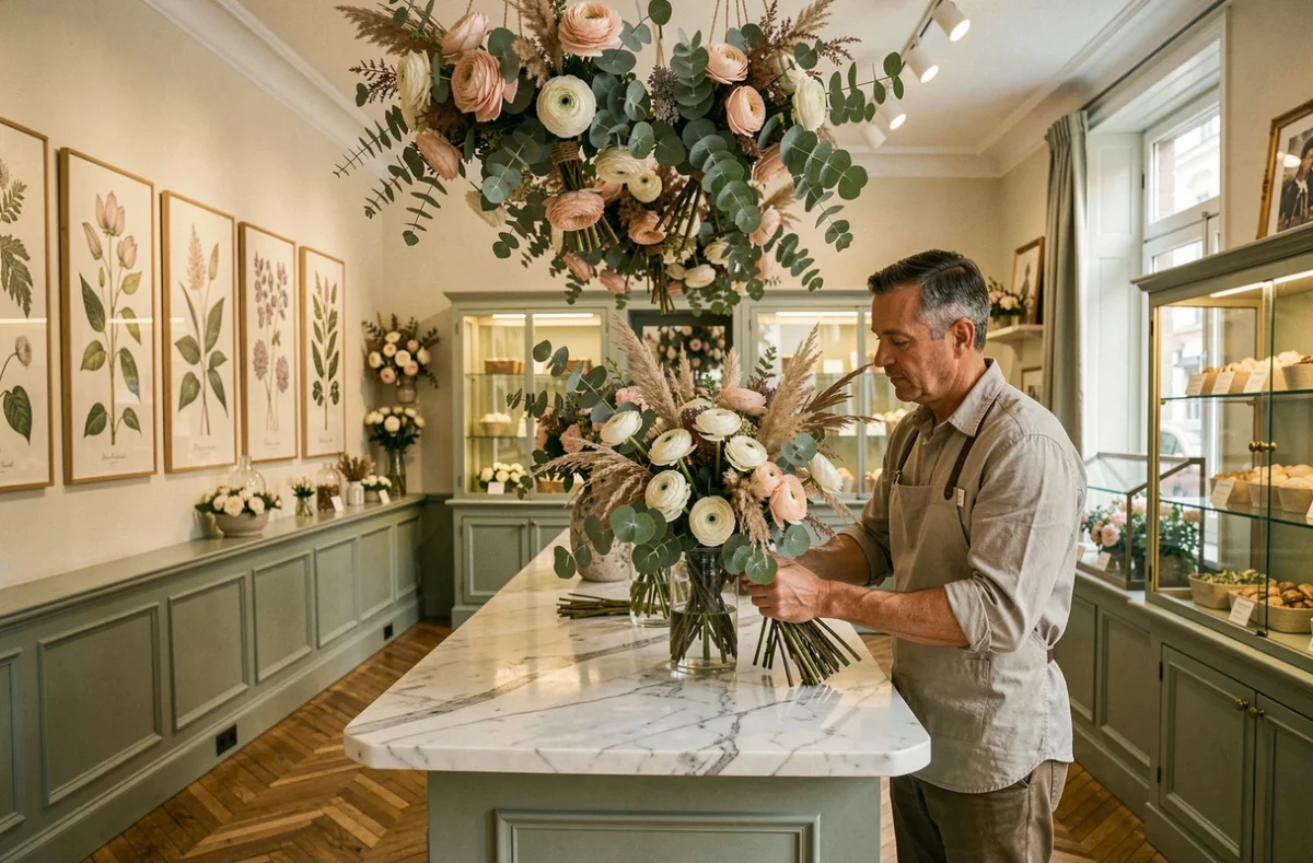 Fleuriste masculin travaillant sur un arrangement floral raffiné dans la boutique Memento Flori à Nancy